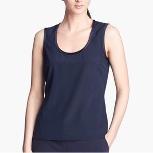 ST. JOHN Liquid Satin Trim Navy Silk Crepe Shell